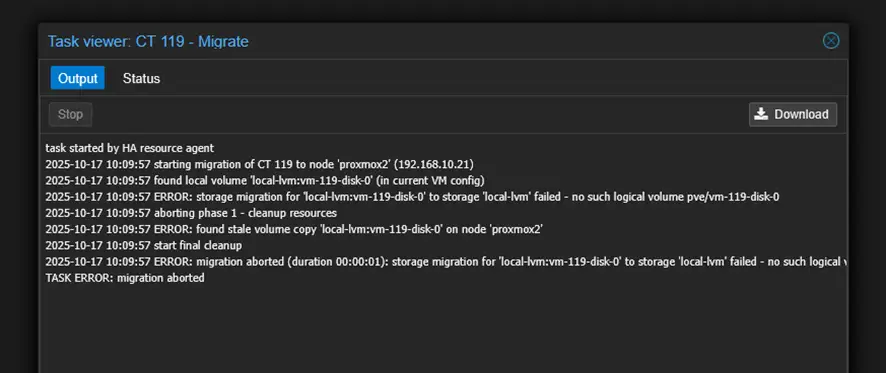 Captura1 de error no such logical volume en Proxmox HA