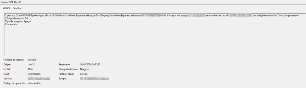 Evento 1074 en el visor de eventos de Windows mostrando usuario que inició el reinicio