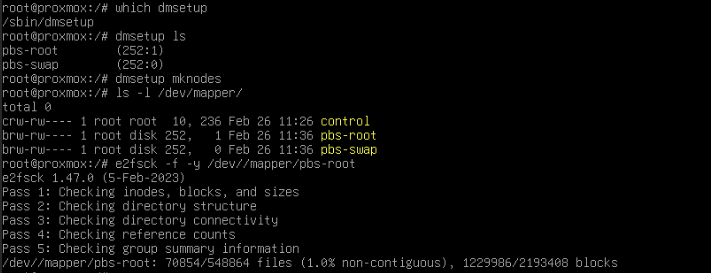 Reparación EXT4 con e2fsck completada correctamente en Proxmox Backup Server