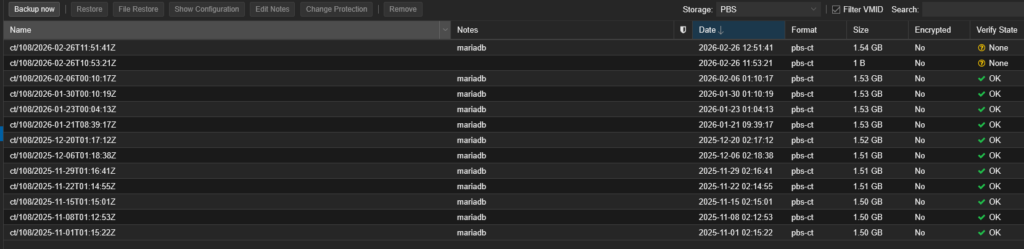 backup completado correctamente en Proxmox Backup Server