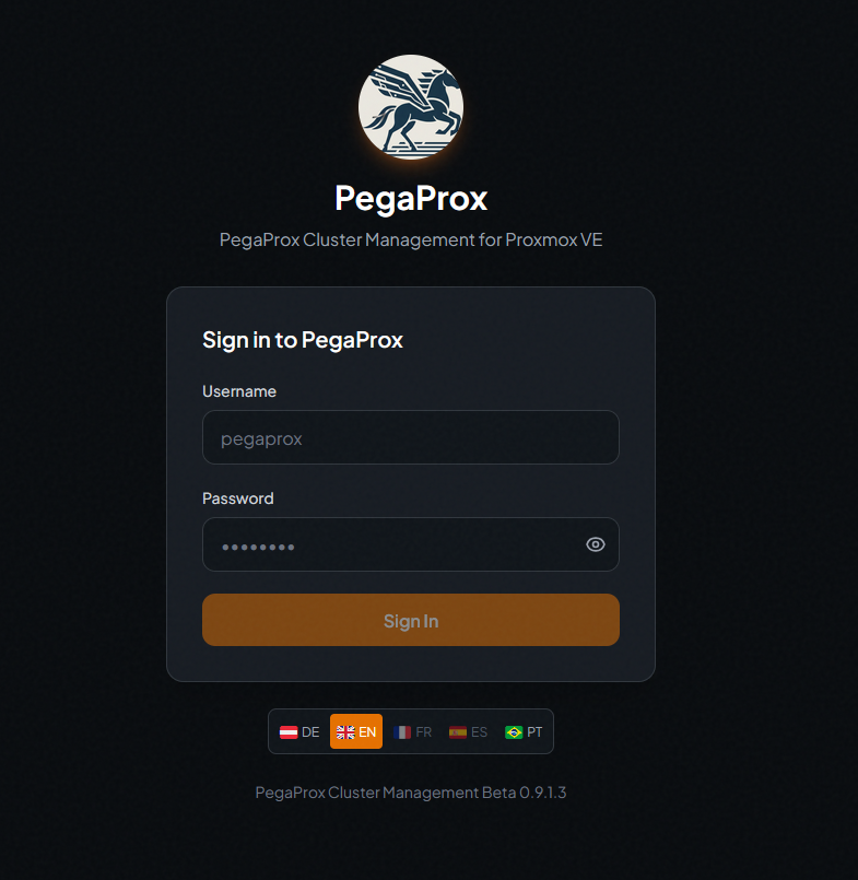 panel web pegaprox tras instalar pegaprox proxmox