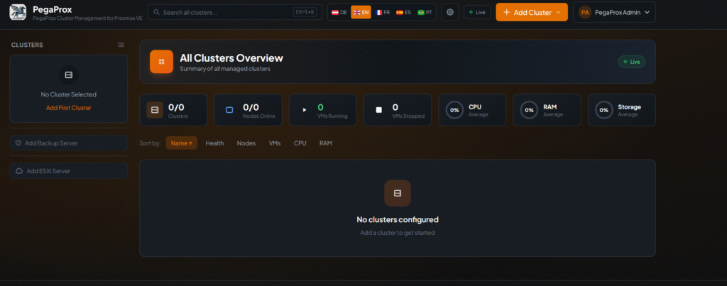 panel inicial pegaprox 0.9.4 sin clusters configurados overview