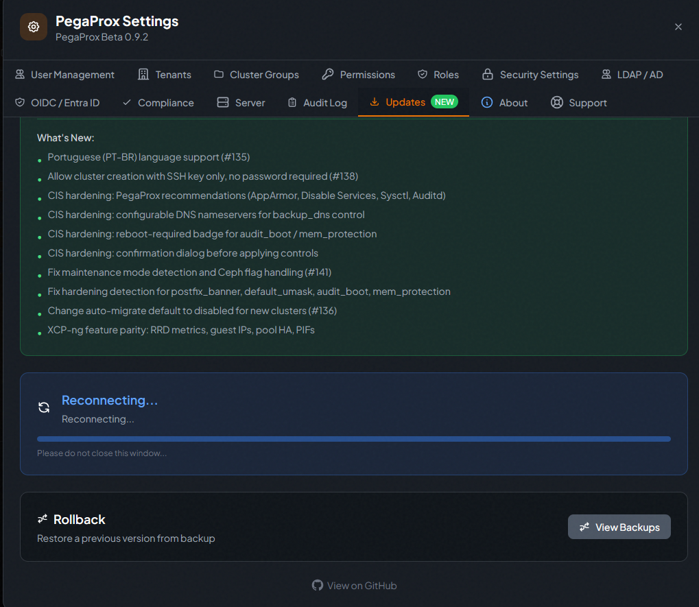 Actualización de PegaProx Proxmox mostrando errores tras update en entorno de laboratorio