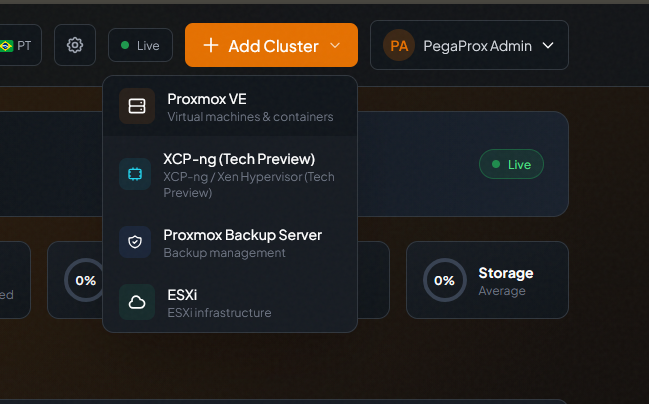 menu add cluster pegaprox proxmox esxi pbs