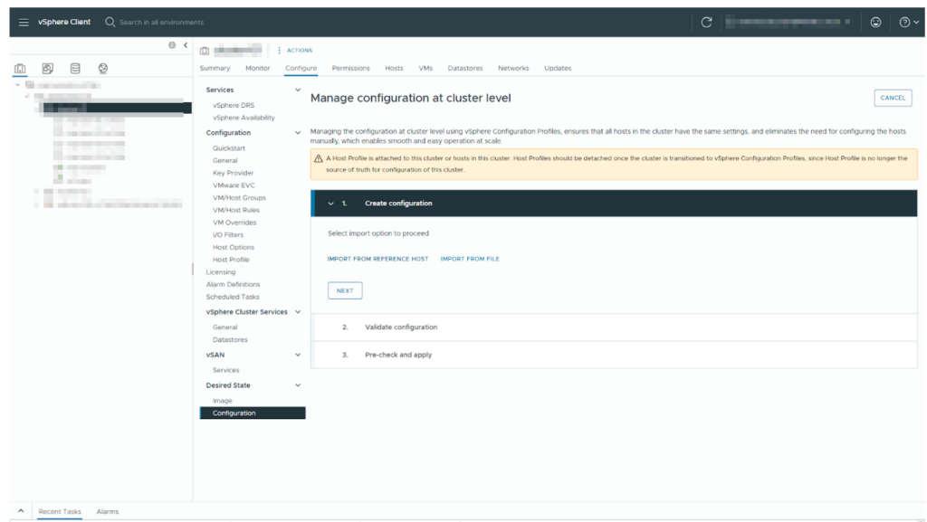 Pantalla de pre-check e impacto antes de aplicar vSphere Configuration Profiles en un clúster