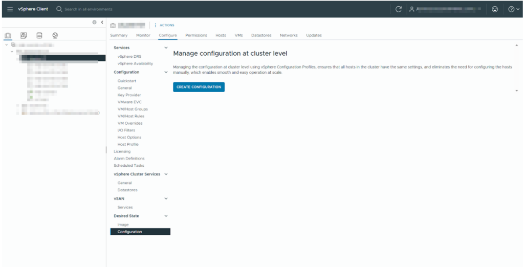 Pantalla de Create Configuration en vSphere Configuration Profiles dentro de un clúster de VMware