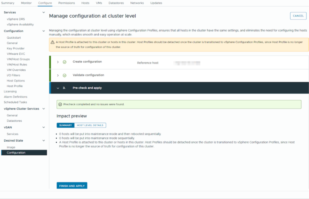 Vista de compliance de hosts en vSphere Configuration Profiles tras la remediación del clúster