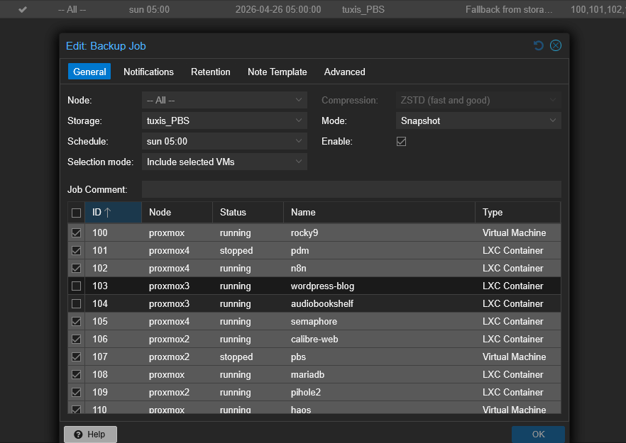 Job de backup en Proxmox VE hacia tuxis_PBS con snapshot, ZSTD y programación