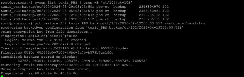 Restore por CLI restaurando el CT 102 como CT 202 desde tuxis_PBS