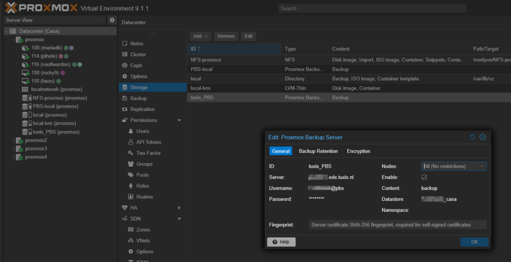 Proxmox VE con el storage Proxmox Backup Server configurado hacia Tuxis