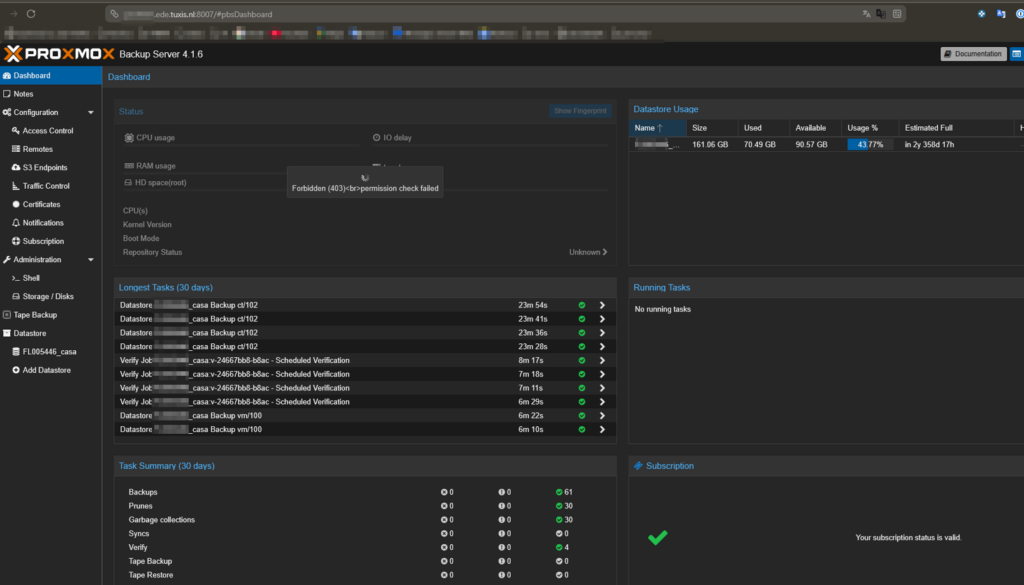 Dashboard de Proxmox Backup Server en Tuxis con tiempos de backup y verify