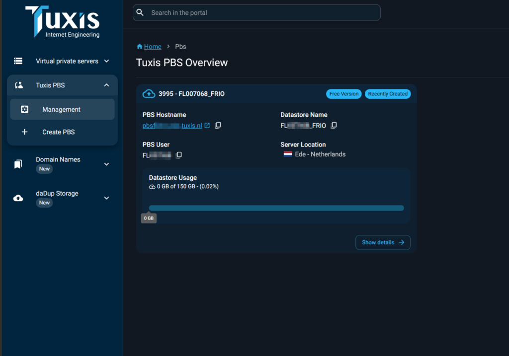 pbs sync tuxis datastore FLXXXXX_FRIO en portal