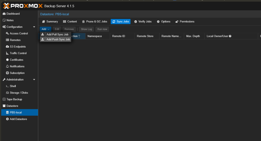 pbs sync tuxis pantalla de sync jobs en PBS local