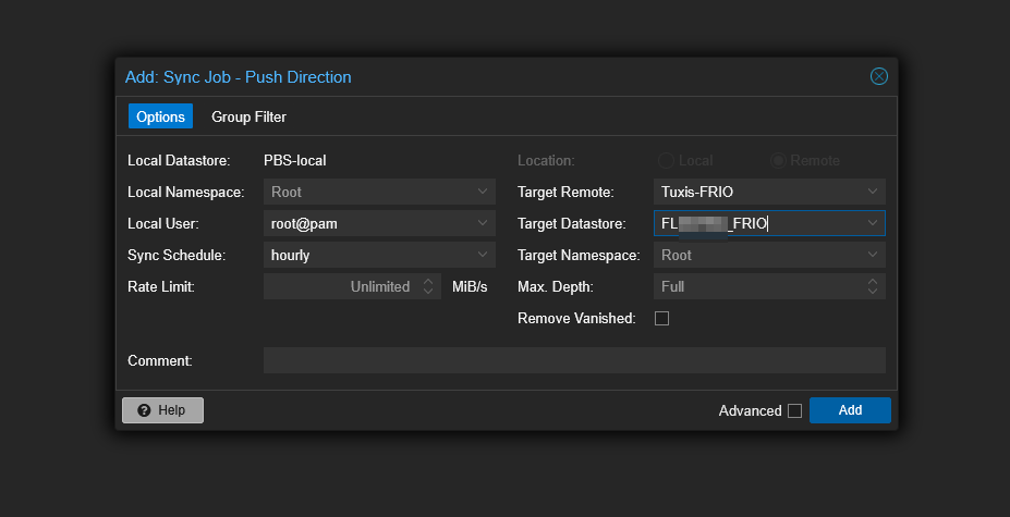 pbs sync tuxis sync job push PBS-local a FLXXXXX_FRIO